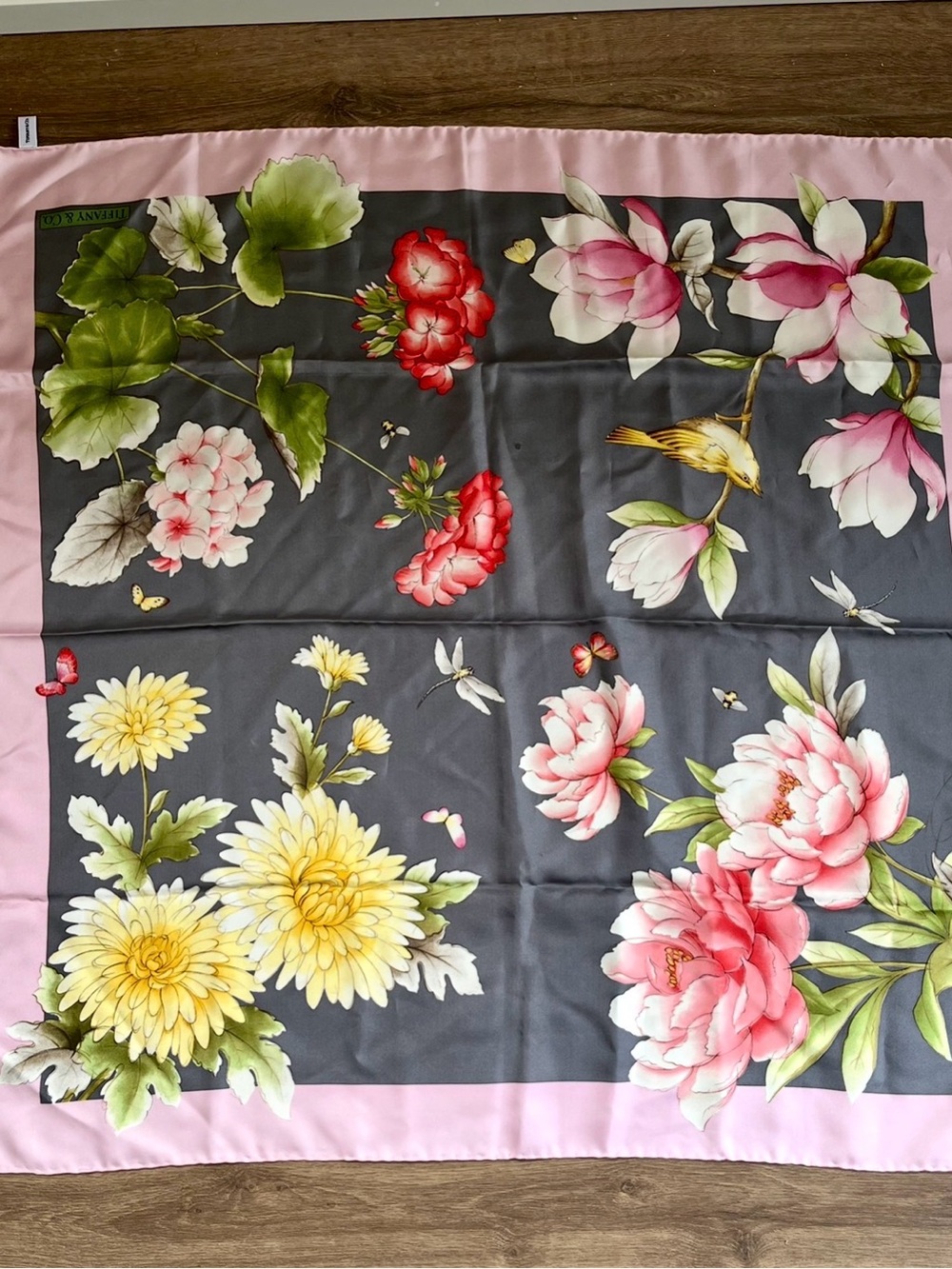 Tiffany & Co Silk Scarf Floral Bird Square Italy Designer - Picture 5 of 9